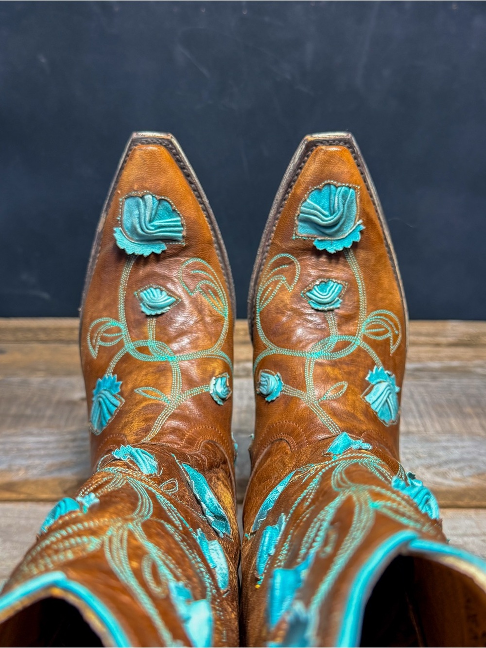 Old Gringo Embroidered Tall Leather Cowgirl Boots - Brown with Turquoise Accent - Picture 5 of 11